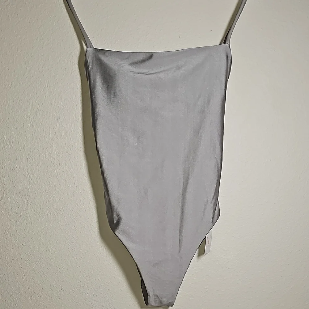 Shade & Shore High Leg Cheeky One Piece Swimsuit Silver NWT S Square Neck